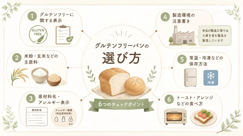 グルテンフリーパンを選ぶときの6つのチェックポイントをひと目で確認できる図